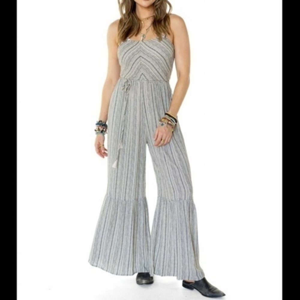 Boho Smocked Sleeveless Wide Leg Jumpsuit Tassel Waist Tie BRAND NEW